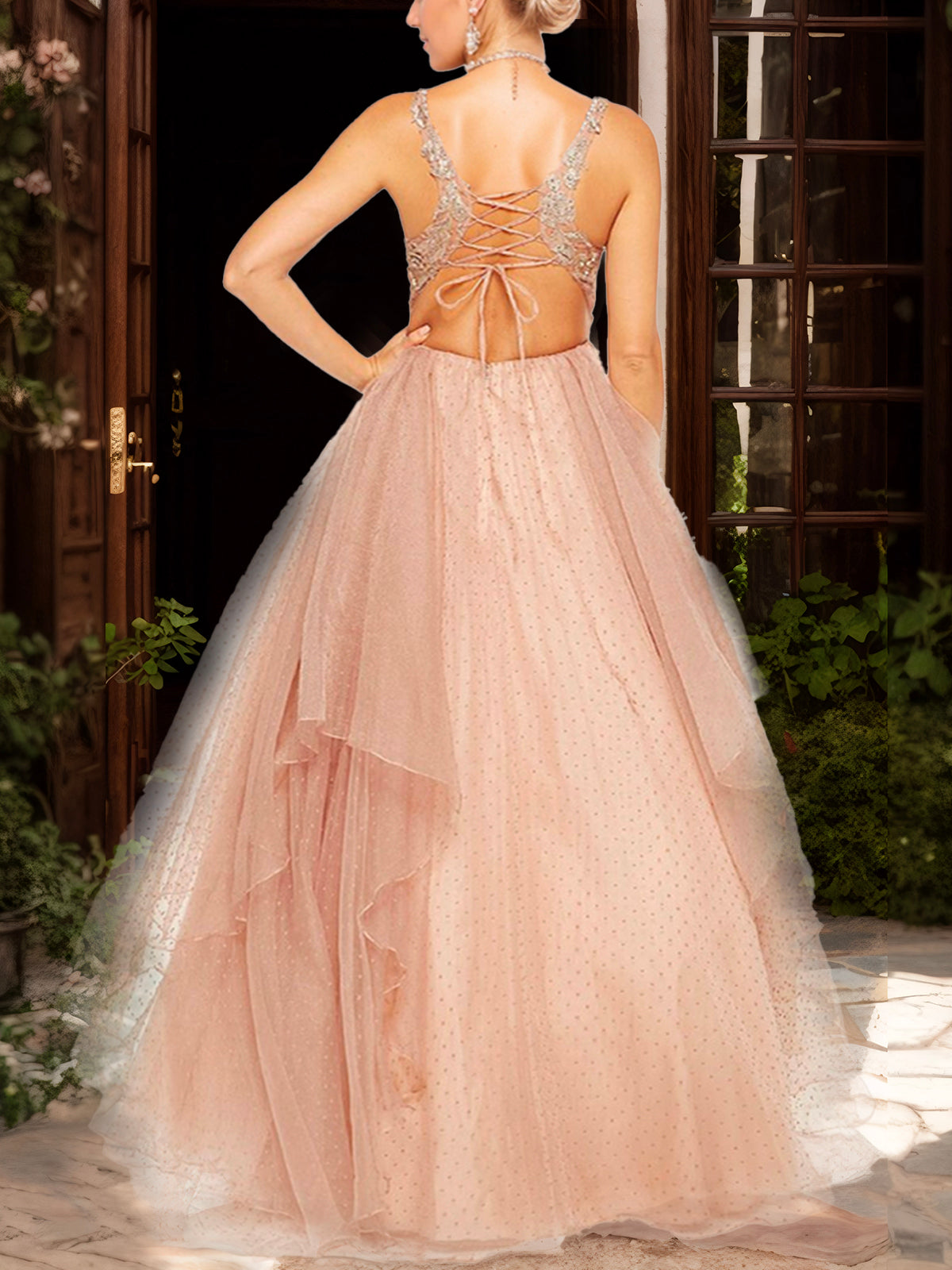 Blush Floral Embroidered Tulle Dress with Lace-Up Back