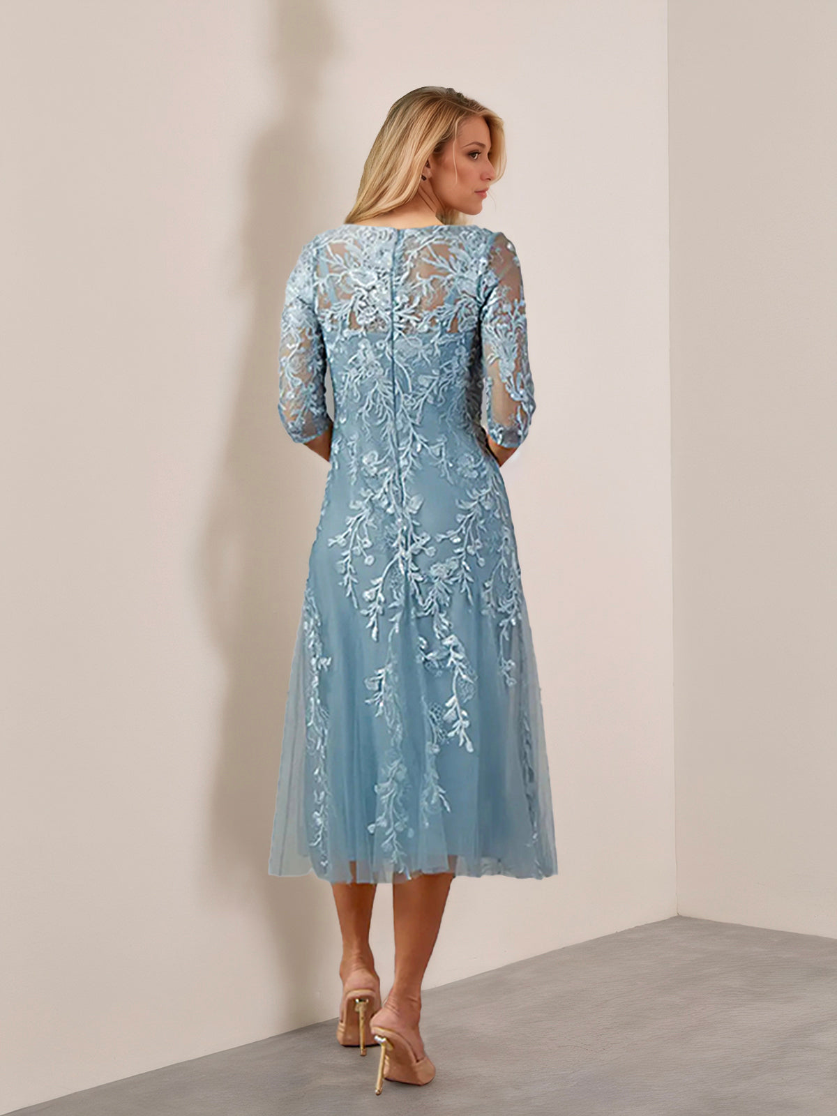 Ice Blue Elegant Lace A-Line Gown with Tulle