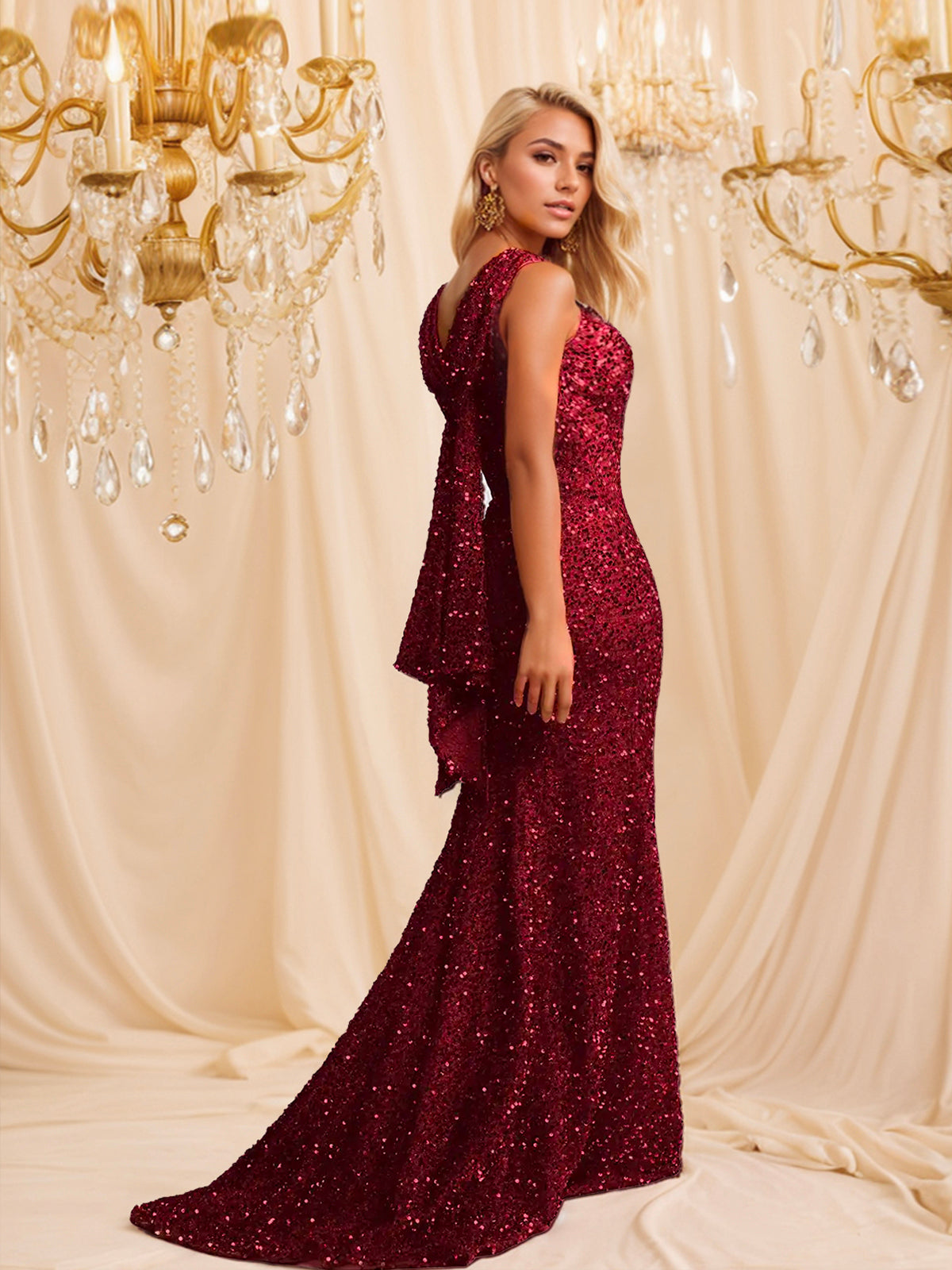 Burgundy Mermaid Sequins Dress with Ruched Back