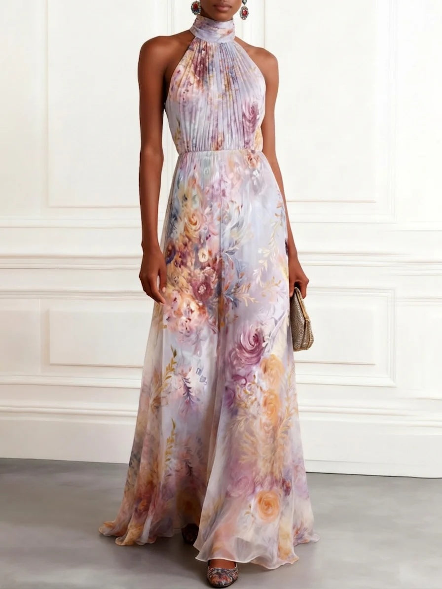 Floral Chiffon Floor-length Dress with Halter Neck