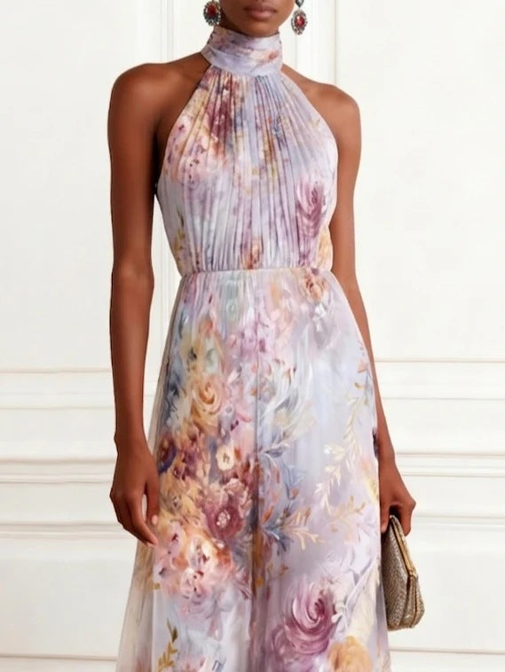 Floral Chiffon Floor-length Dress with Halter Neck