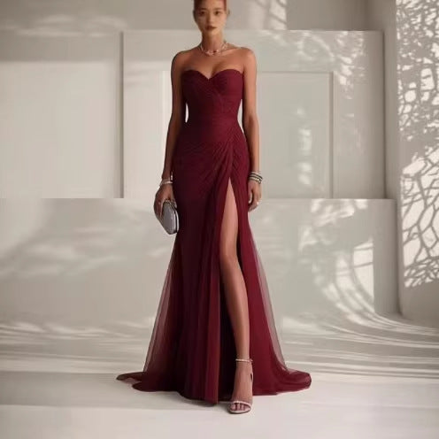 Ruched Tulle Strapless Dress with Slit Design