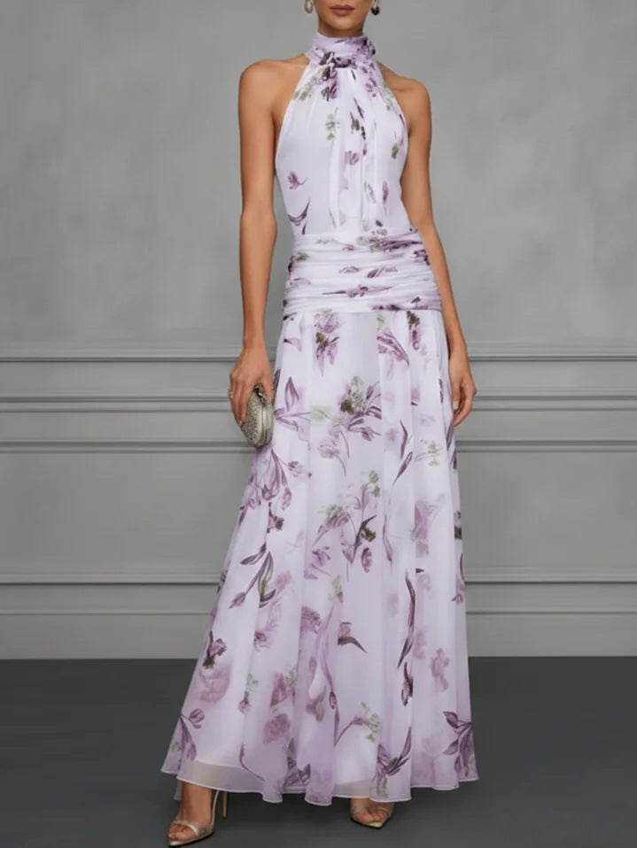 Floral Chiffon Sleeveless Dress with Halter Neck