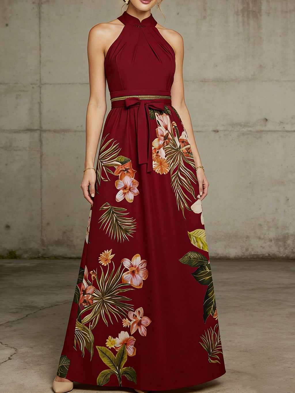 Floral Satin Maxi Dress Bow and Halter Neck