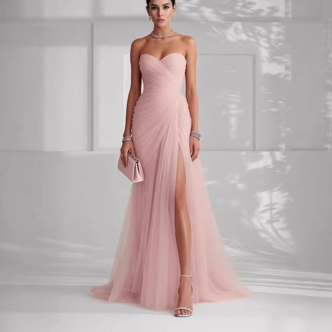 Ruched Tulle Strapless Dress with Slit Design