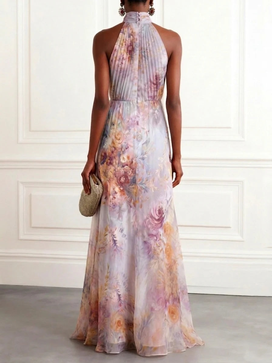 Floral Chiffon Floor-length Dress with Halter Neck
