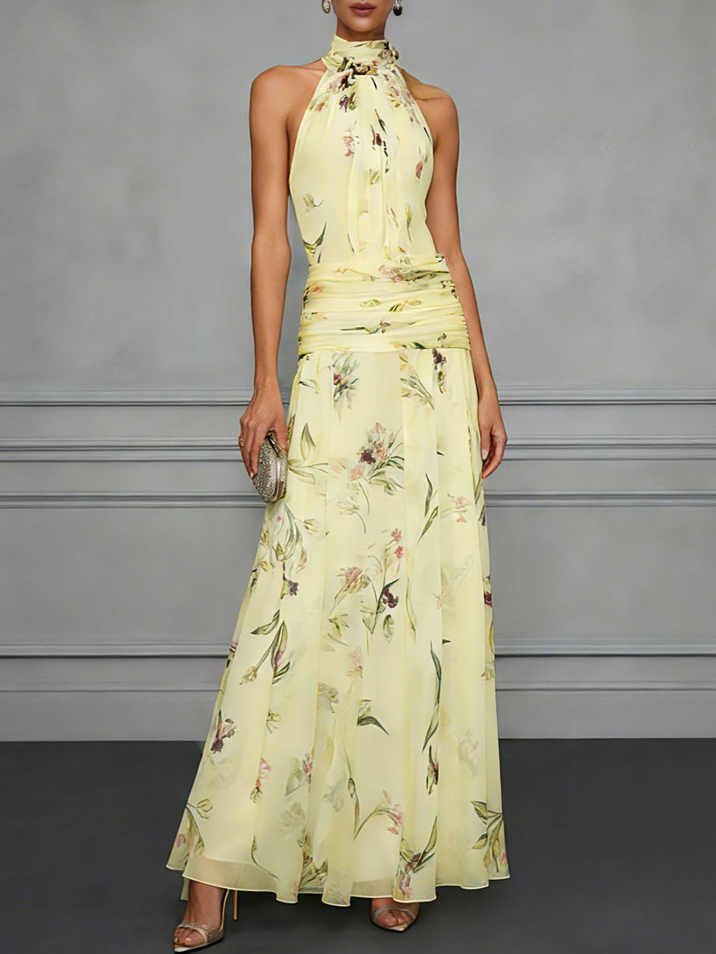 Floral Chiffon Sleeveless Dress with Halter Neck