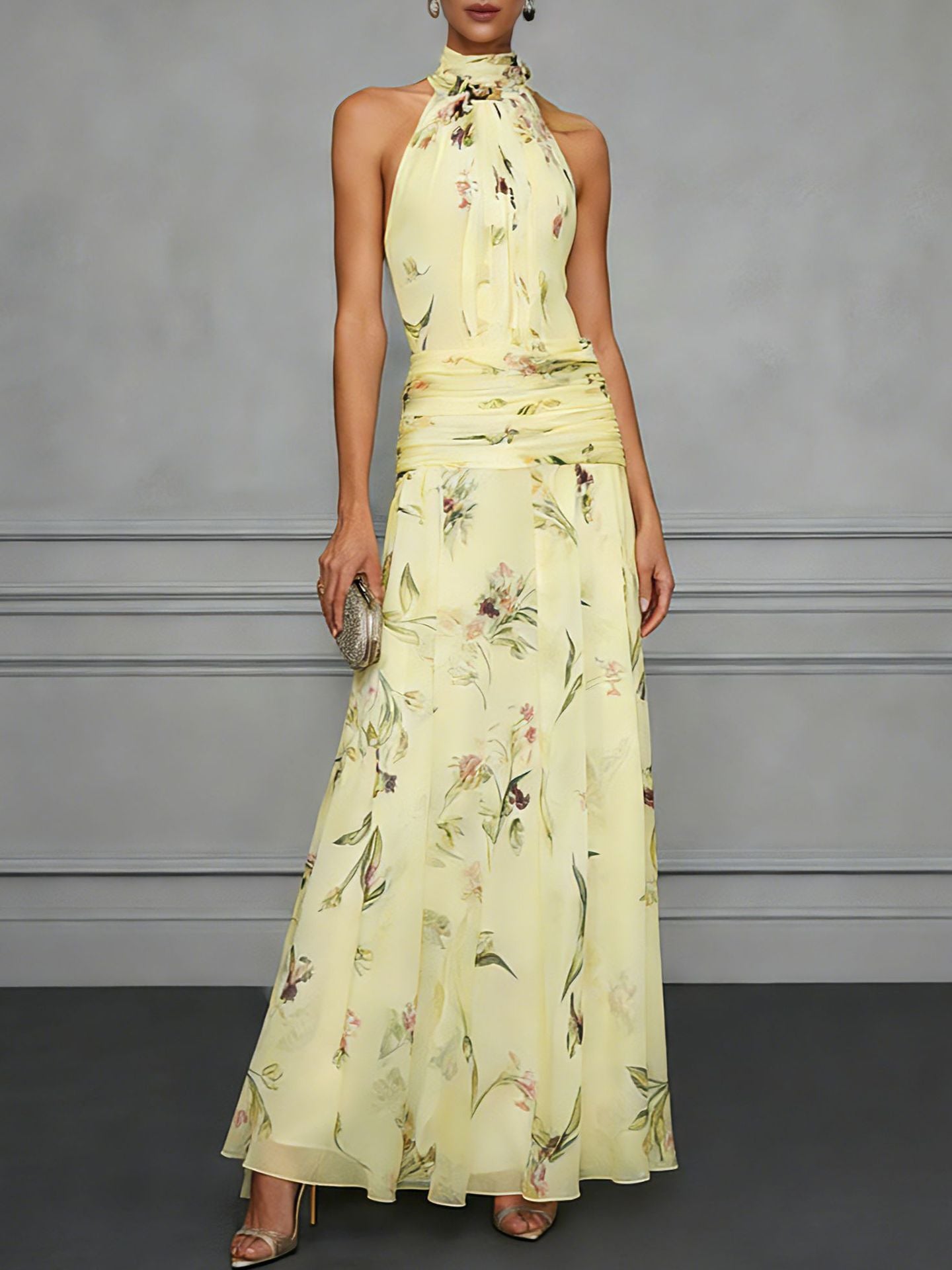 Floral Chiffon Sleeveless Dress with Halter Neck