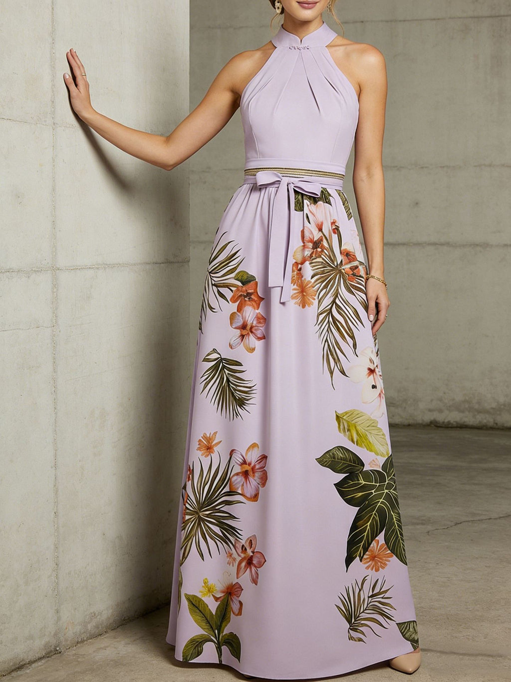 Floral Satin Maxi Dress Bow and Halter Neck