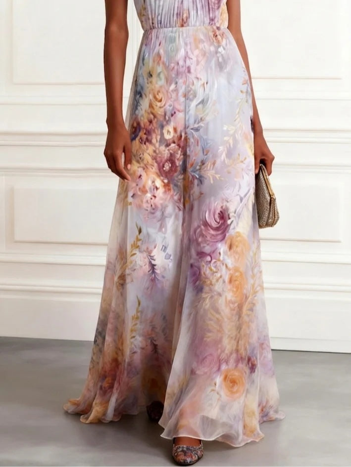 Floral Chiffon Floor-length Dress with Halter Neck