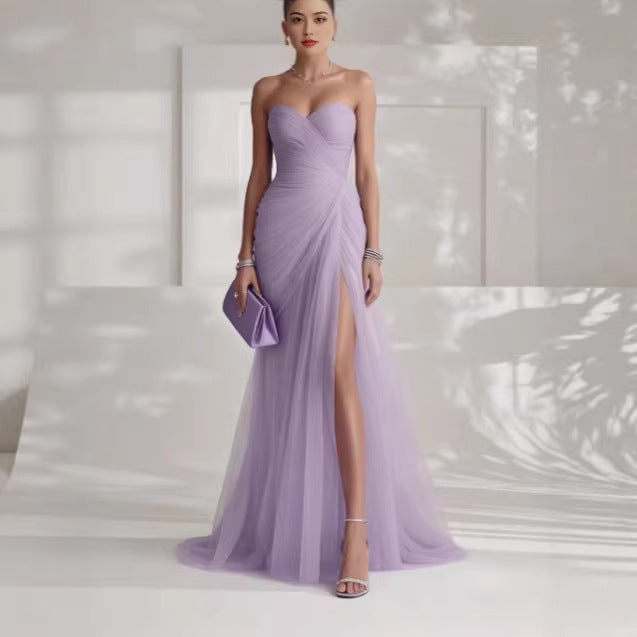 Ruched Tulle Strapless Dress with Slit Design
