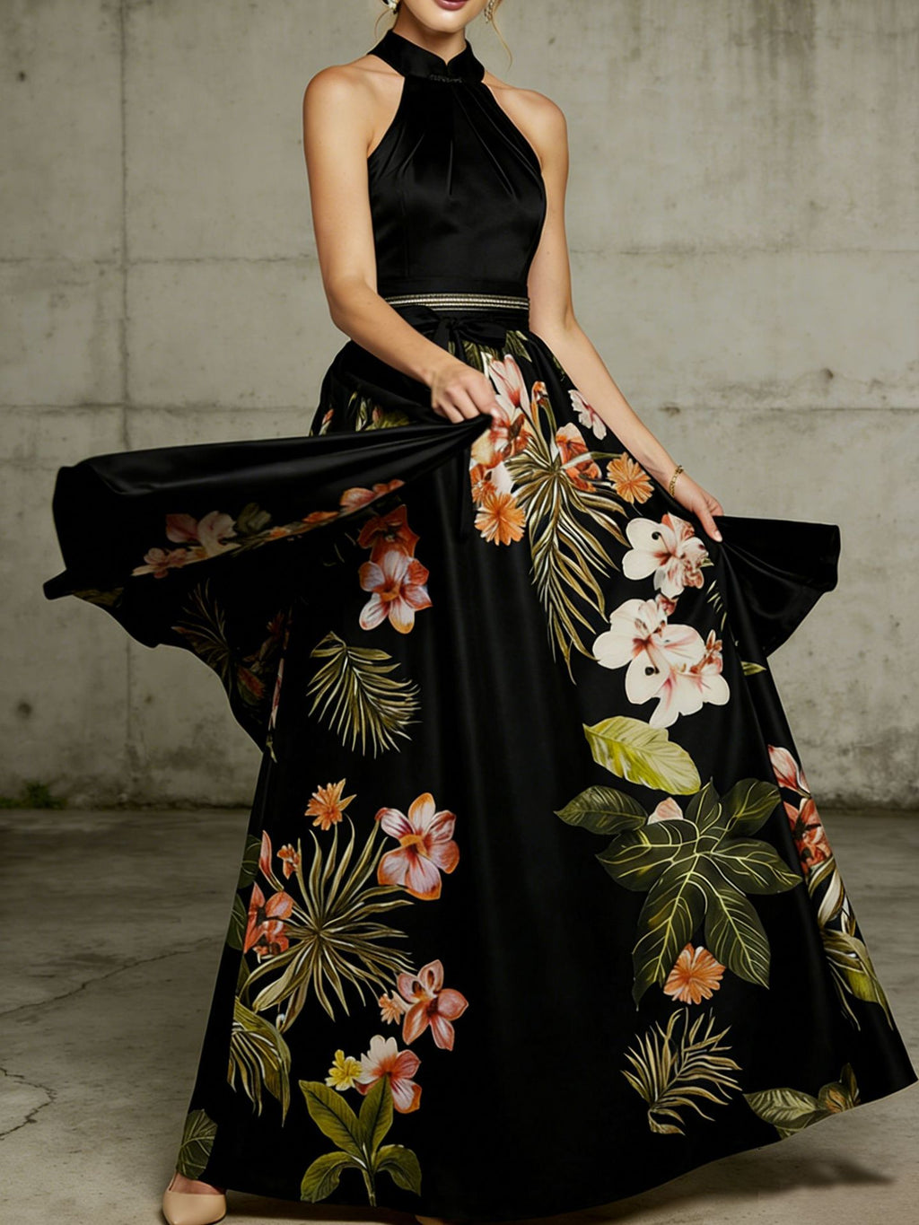 Floral Satin Maxi Dress Bow and Halter Neck
