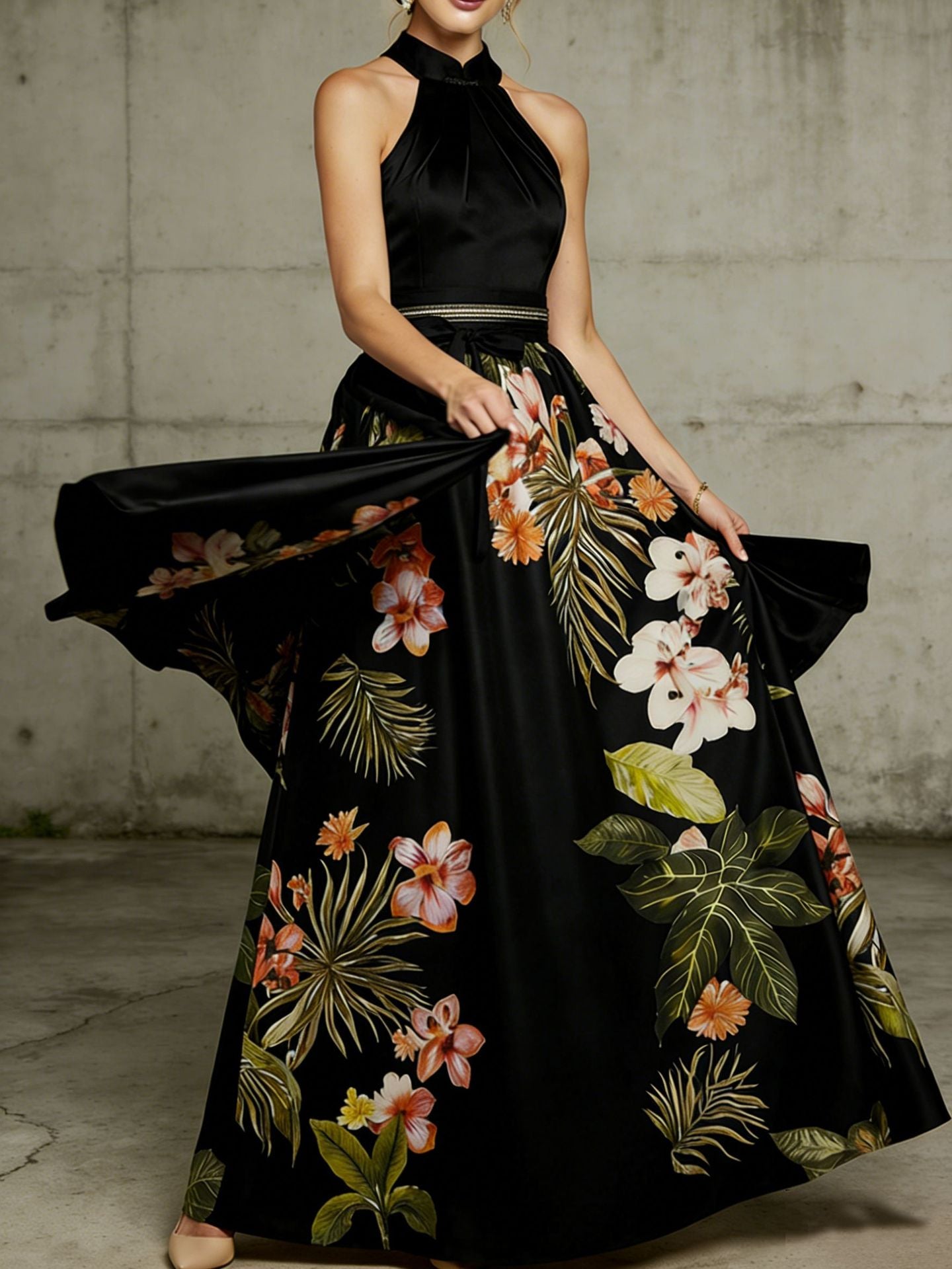 Floral Satin Maxi Dress Bow and Halter Neck