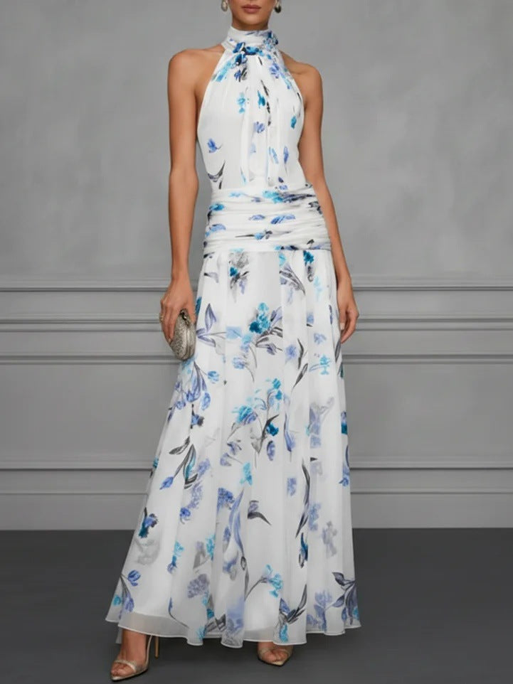 Floral Chiffon Sleeveless Dress with Halter Neck