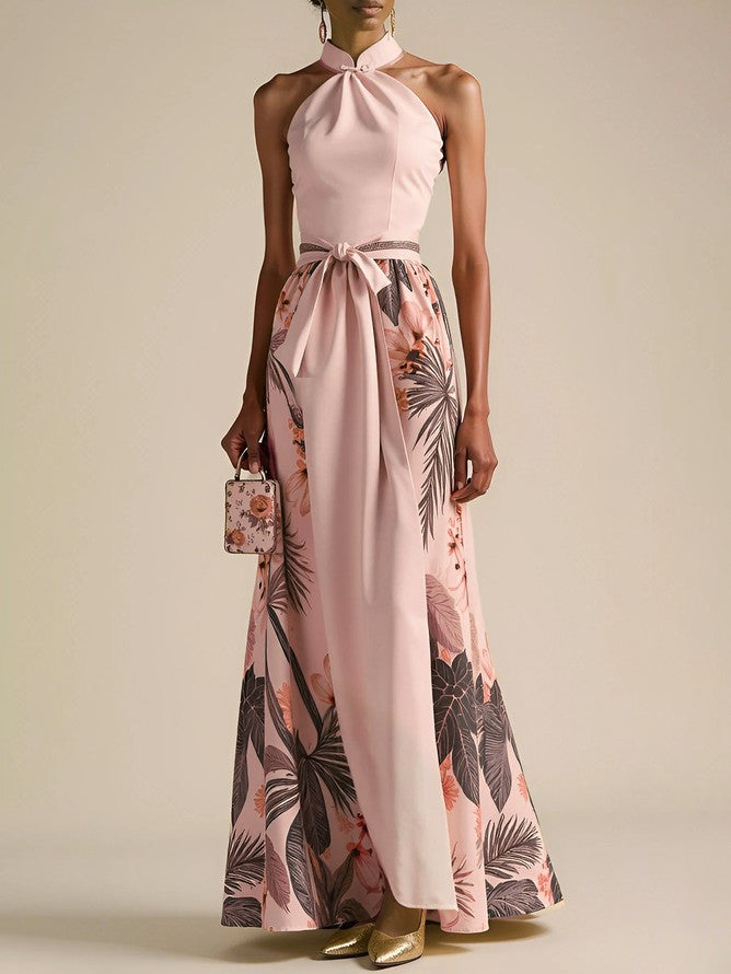 Floral Satin Maxi Dress Bow and Halter Neck