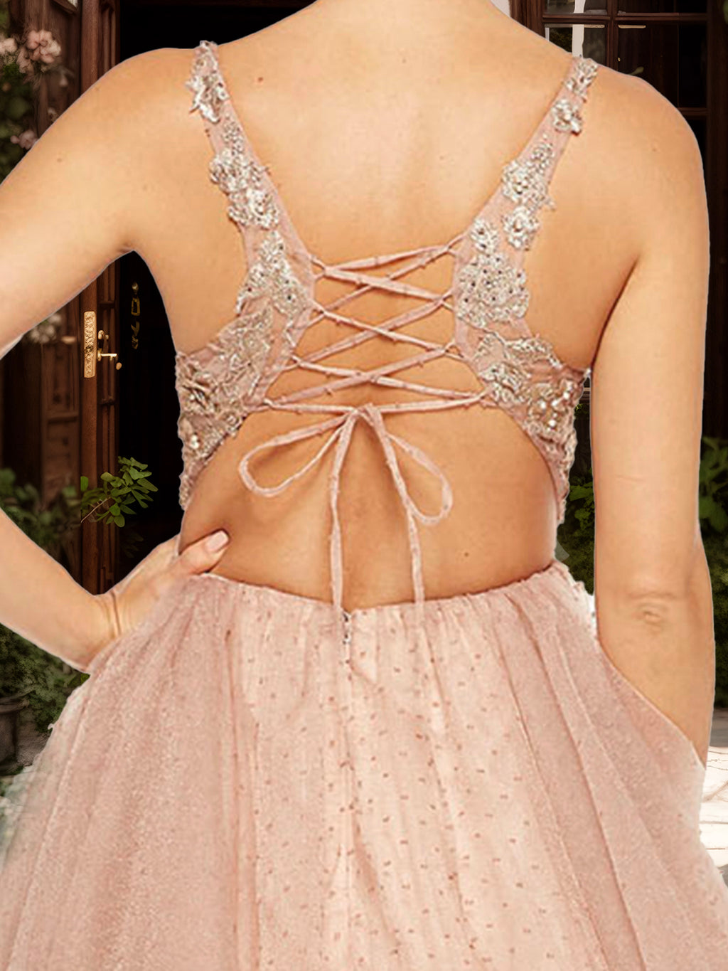 Blush Floral Embroidered Tulle Dress with Lace-Up Back