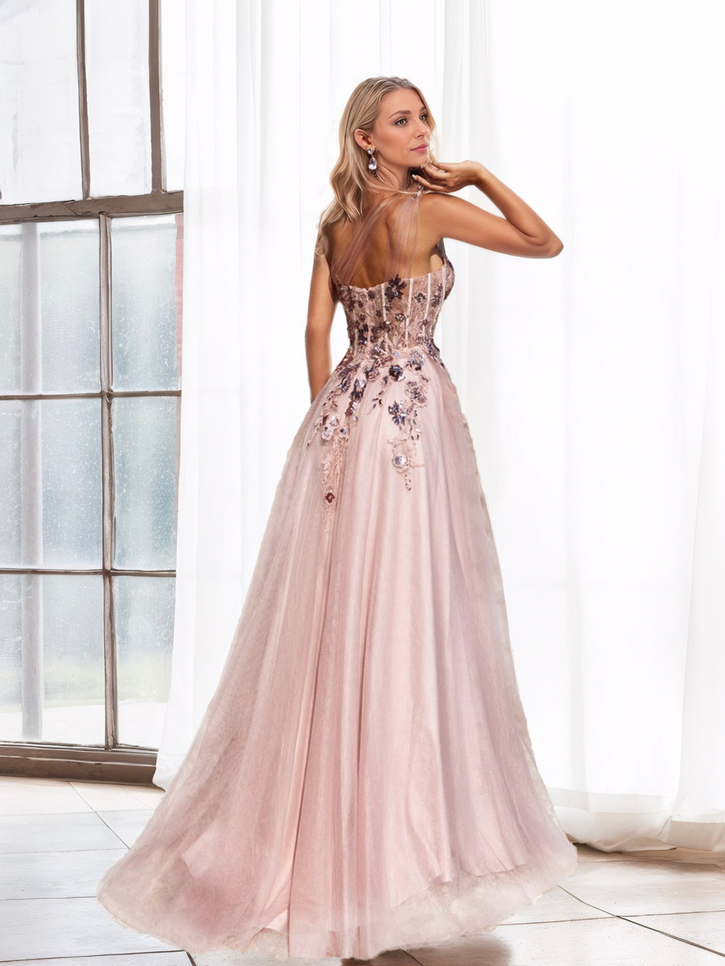Blush A-Line Evening Dress with Beaded Embellishments