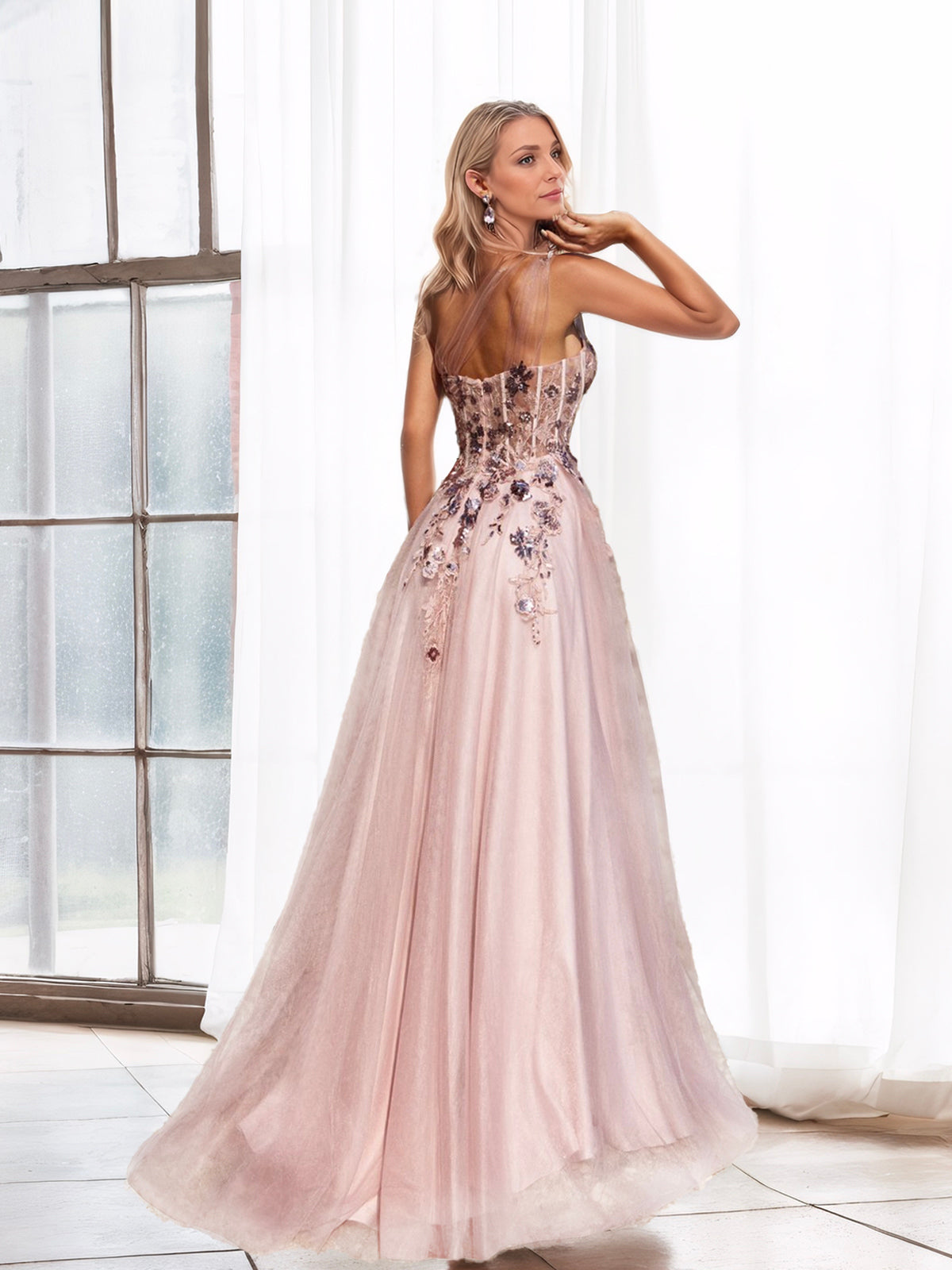 Blush A-Line Evening Dress with Beaded Embellishments