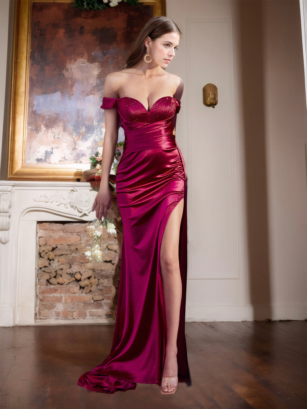 Vestido de noite azul marinho com decote ombro a ombro e miçangas