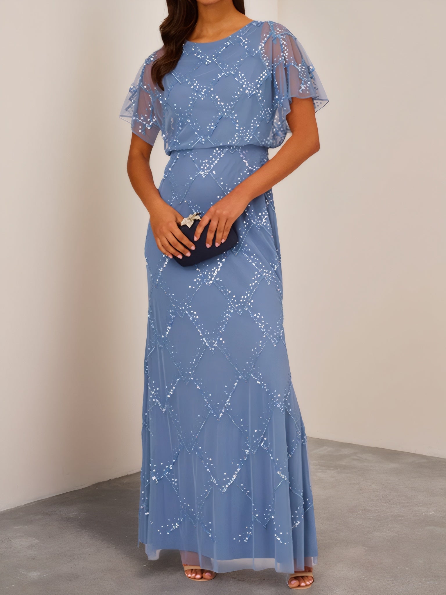 Sky Blue Long Dress with Sparkling Beaded & Illusion Flutter Sleeves – VICI LEMON