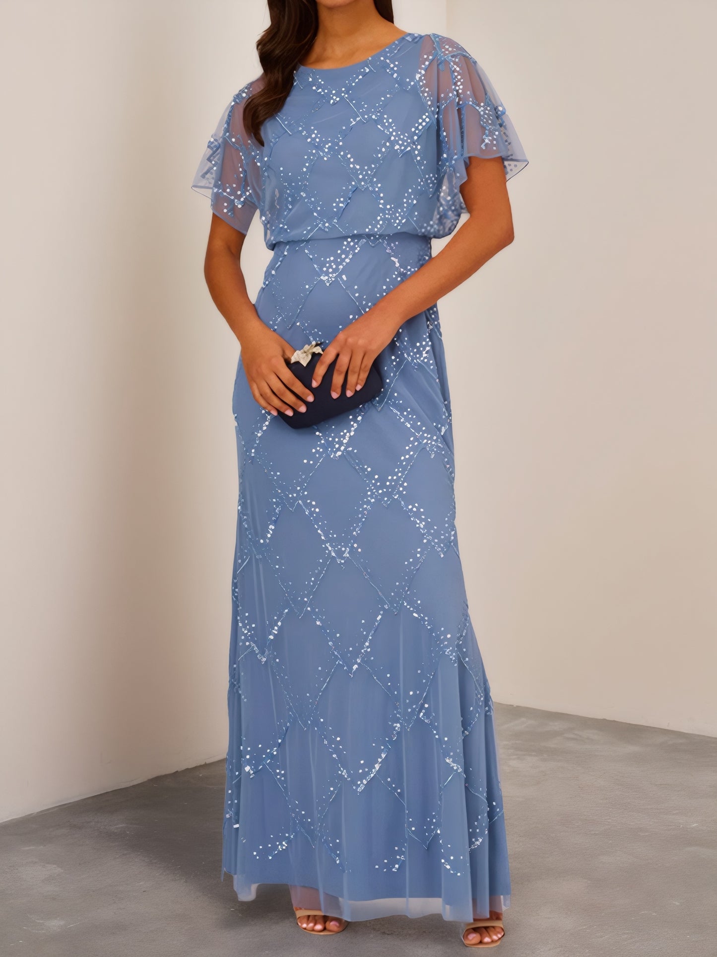 Sky Blue Beaded Dress with Illusion Flutter Sleeves