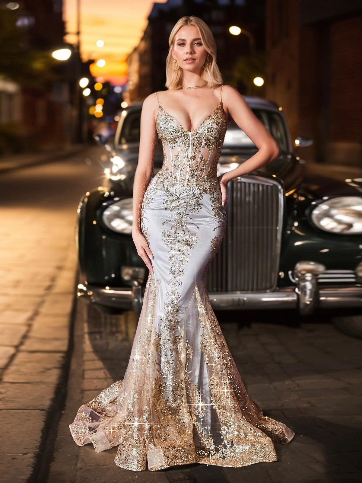 Vestido de sirena sin mangas con encaje y lentejuelas