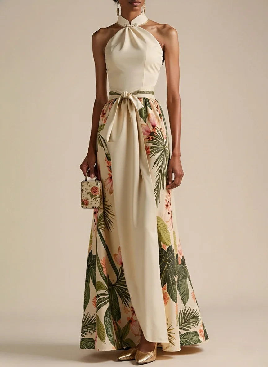 Floral Satin Maxi Dress Bow and Halter Neck