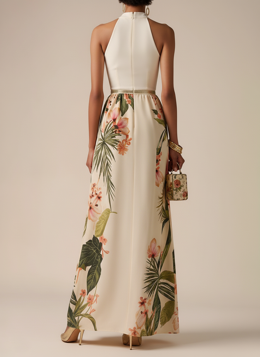 Floral Satin Maxi Dress Bow and Halter Neck