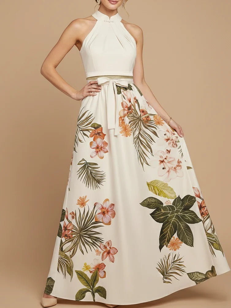 Floral Satin Maxi Dress Bow and Halter Neck