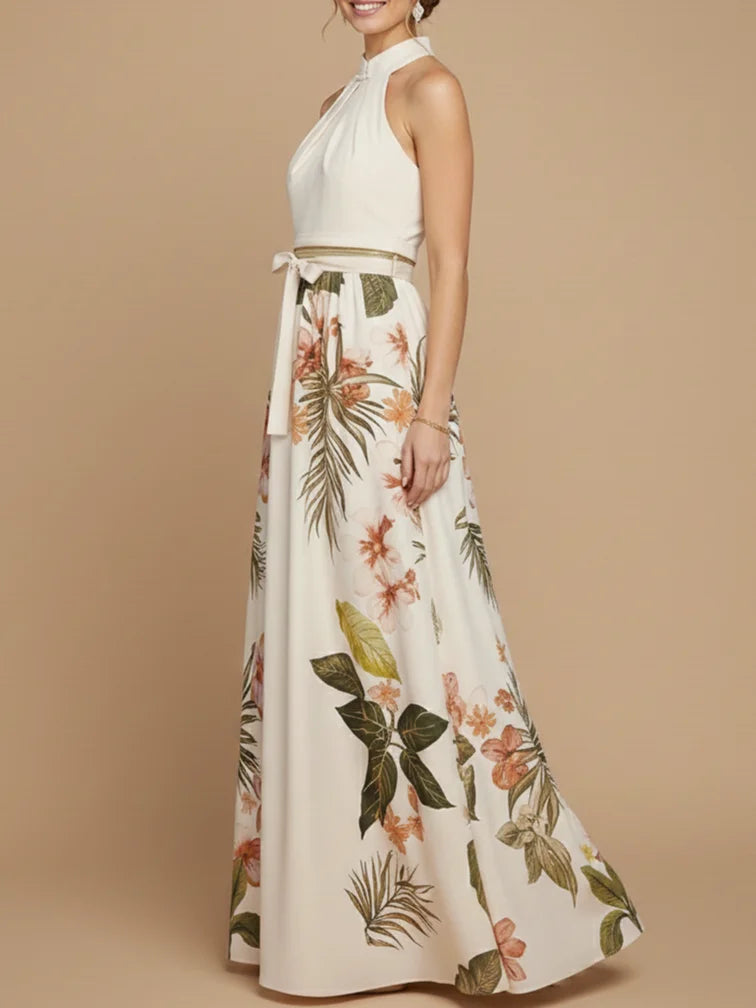 Floral Satin Maxi Dress Bow and Halter Neck