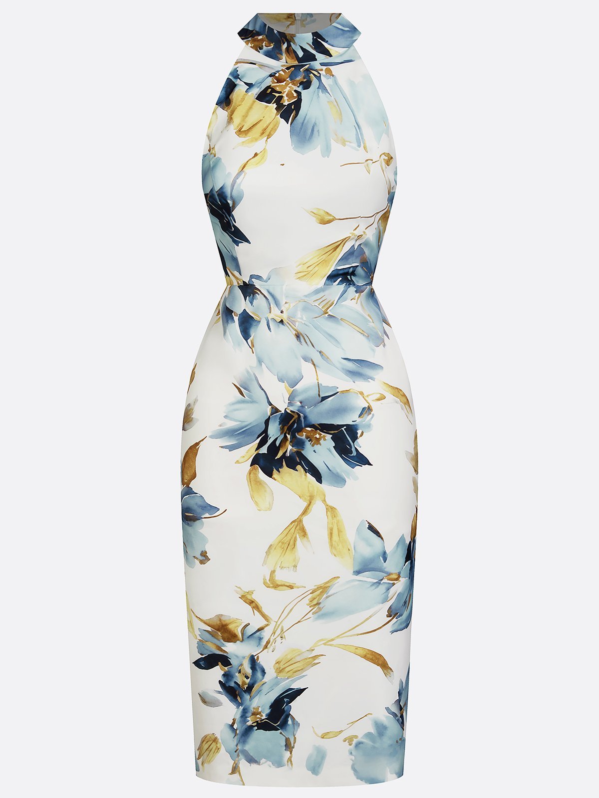 Floral Satin Sheath Midi Dress with Halter Neck