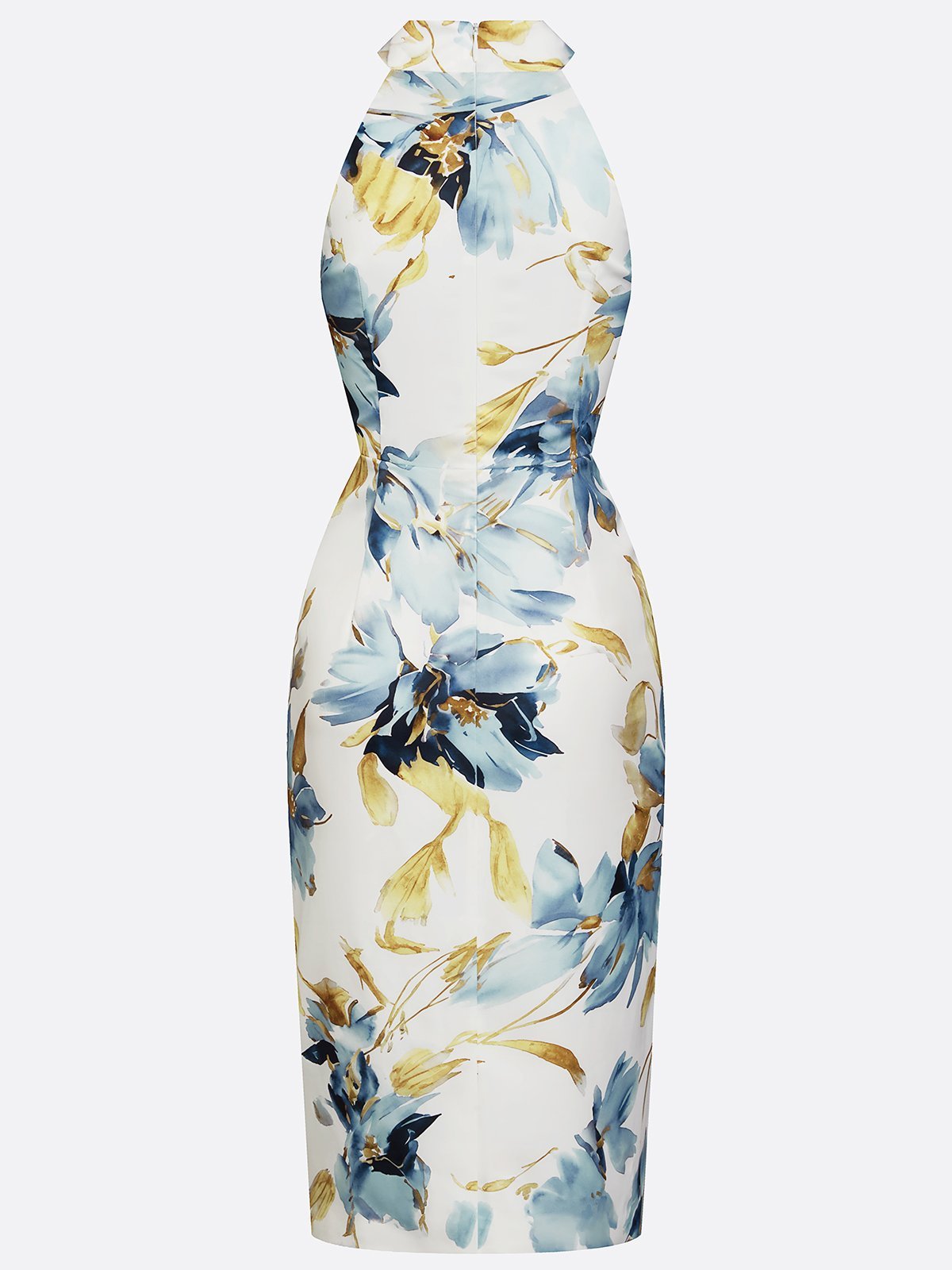 Floral Satin Sheath Midi Dress with Halter Neck