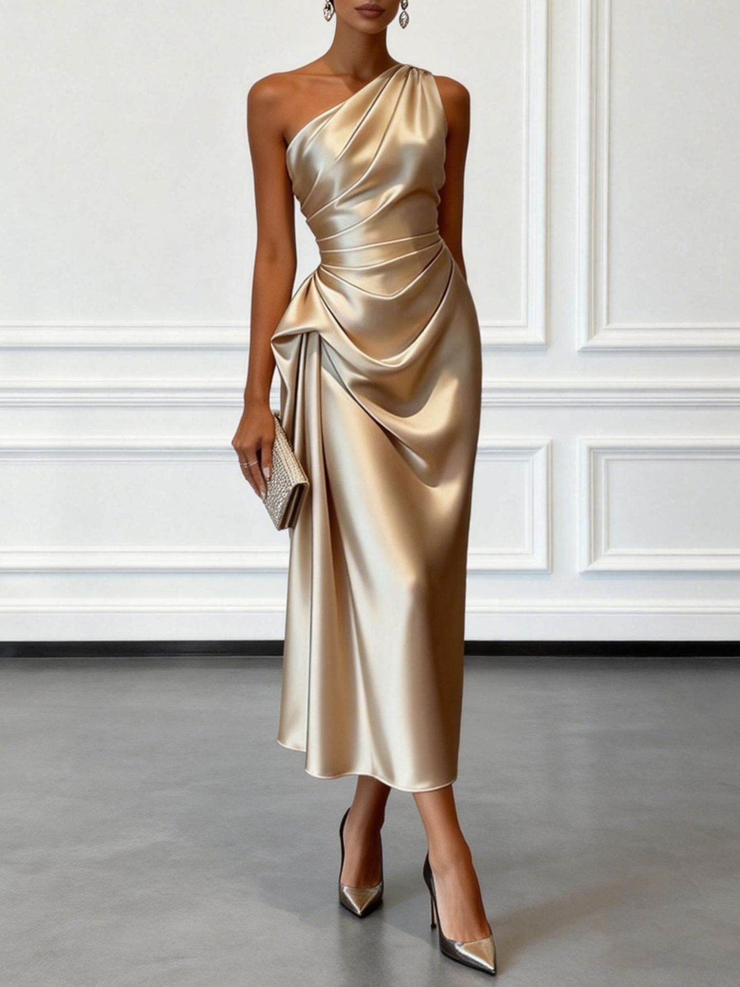 Ruched Satin Sheath Midi Dress with One Shoulder Design