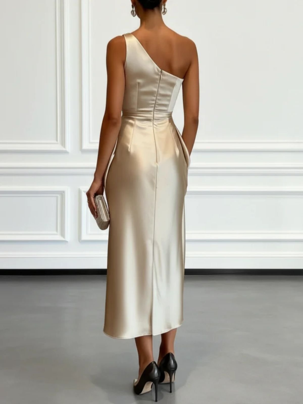 Ruched Satin Sheath Midi Dress with One Shoulder Design