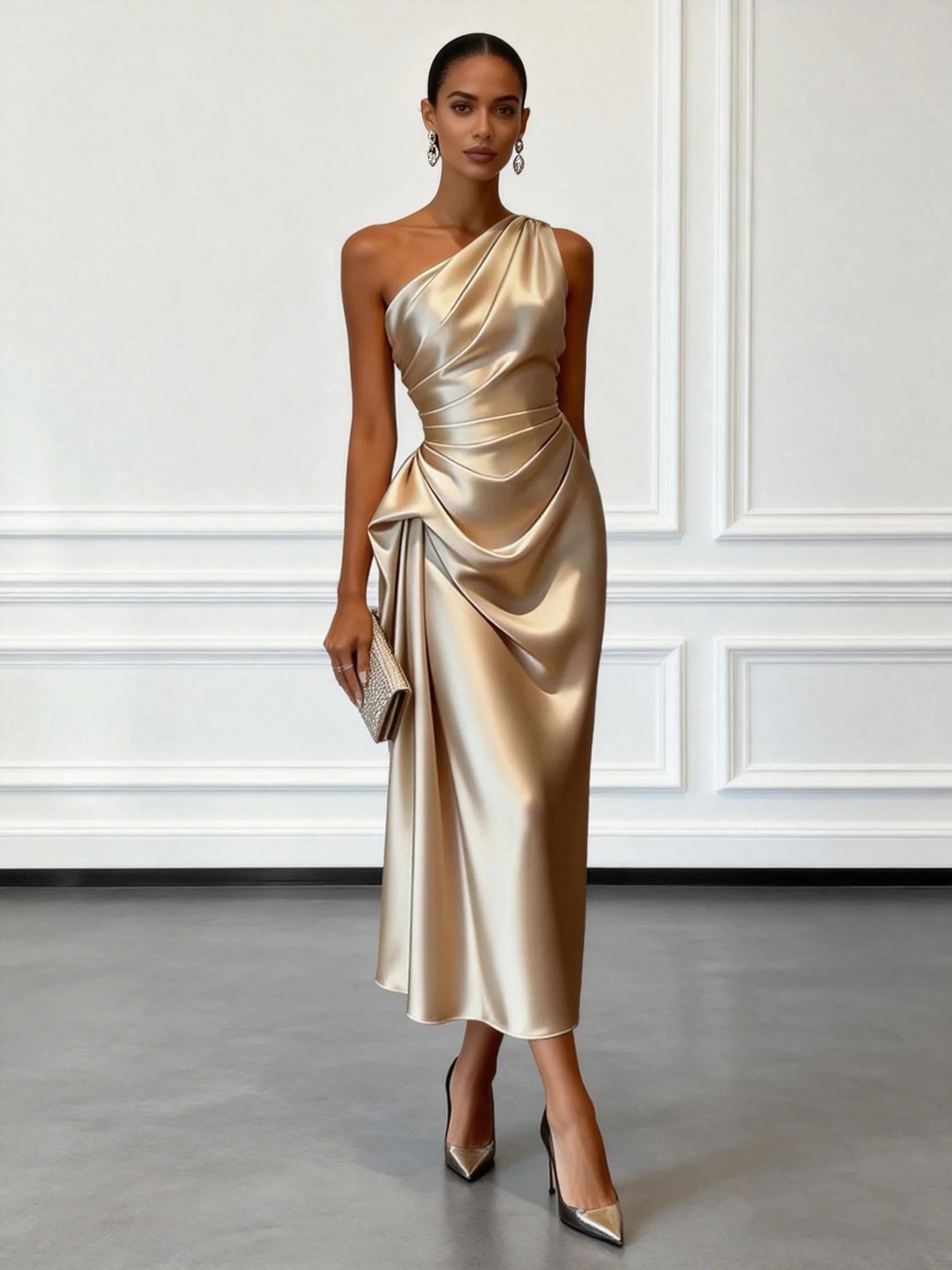 Ruched Satin Sheath Midi Dress with One Shoulder Design