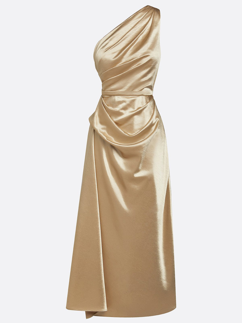 Ruched Satin Sheath Midi Dress with One Shoulder Design