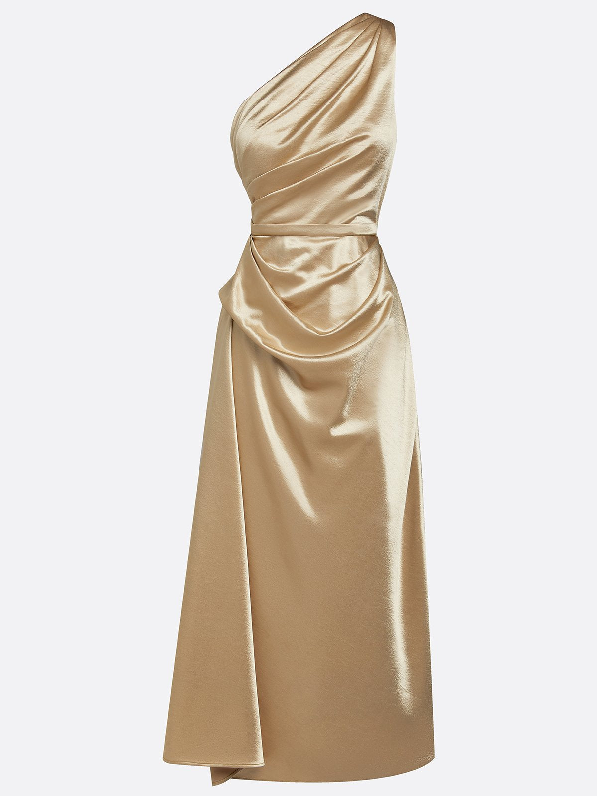 Ruched Satin Sheath Midi Dress with One Shoulder Design