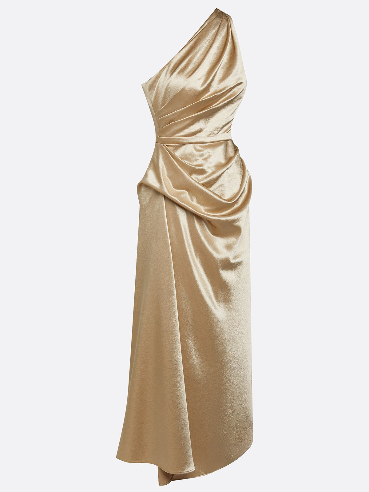 Ruched Satin Sheath Midi Dress with One Shoulder Design