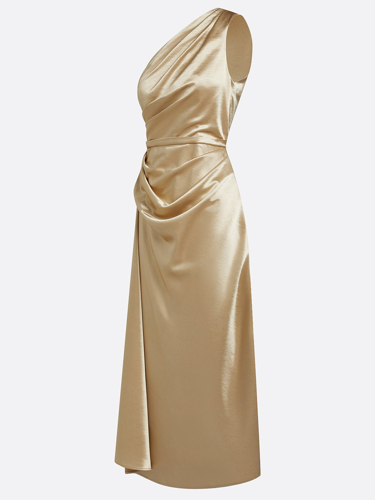 Ruched Satin Sheath Midi Dress with One Shoulder Design
