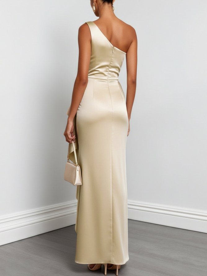 Satin One Shoulder Gown with Ruffle Design