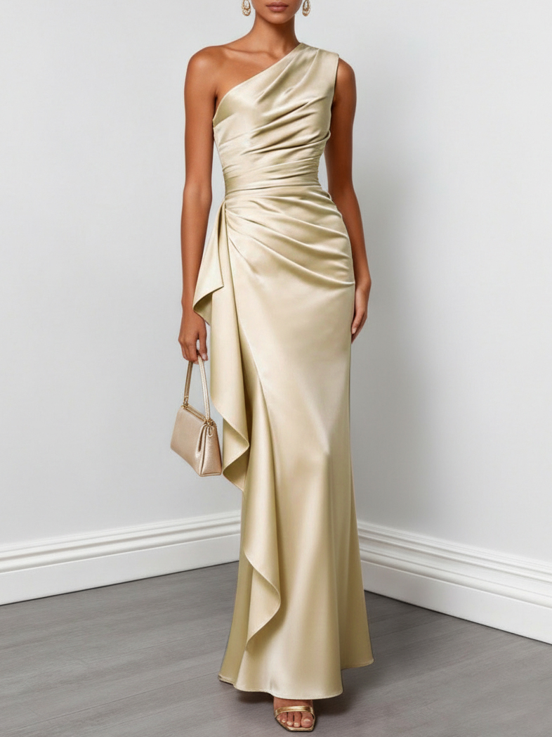 Satin One Shoulder Gown with Ruffle Design