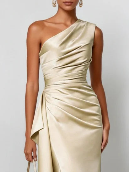 Satin One Shoulder Gown with Ruffle Design