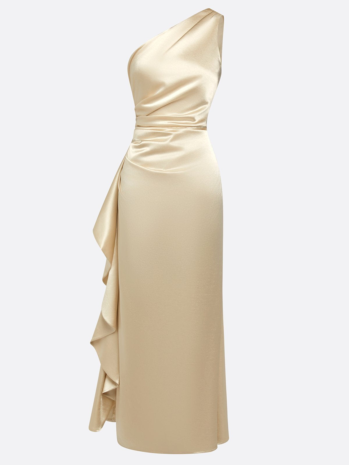 Satin One Shoulder Gown with Ruffle Design