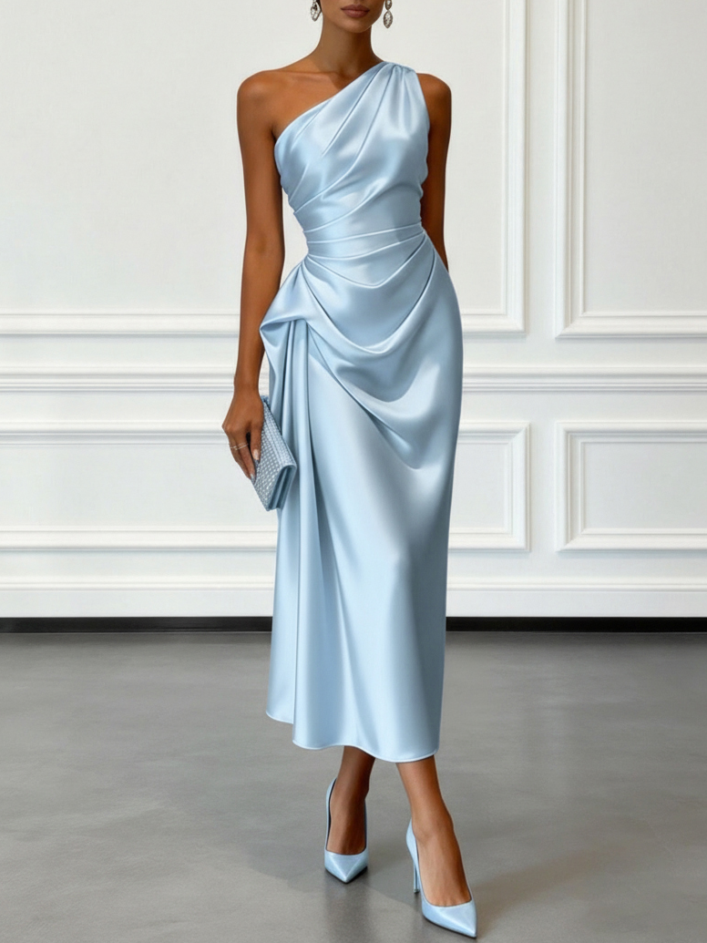Ruched Satin Sheath Midi Dress with One Shoulder Design