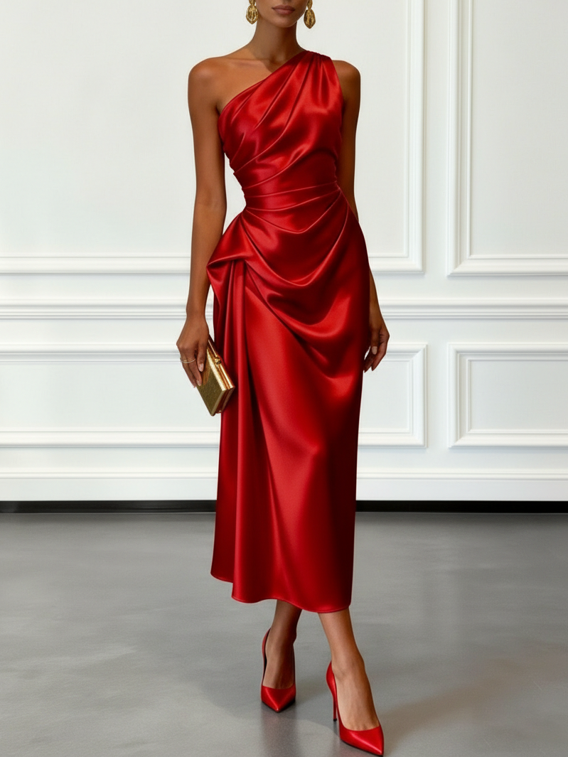 Ruched Satin Sheath Midi Dress with One Shoulder Design