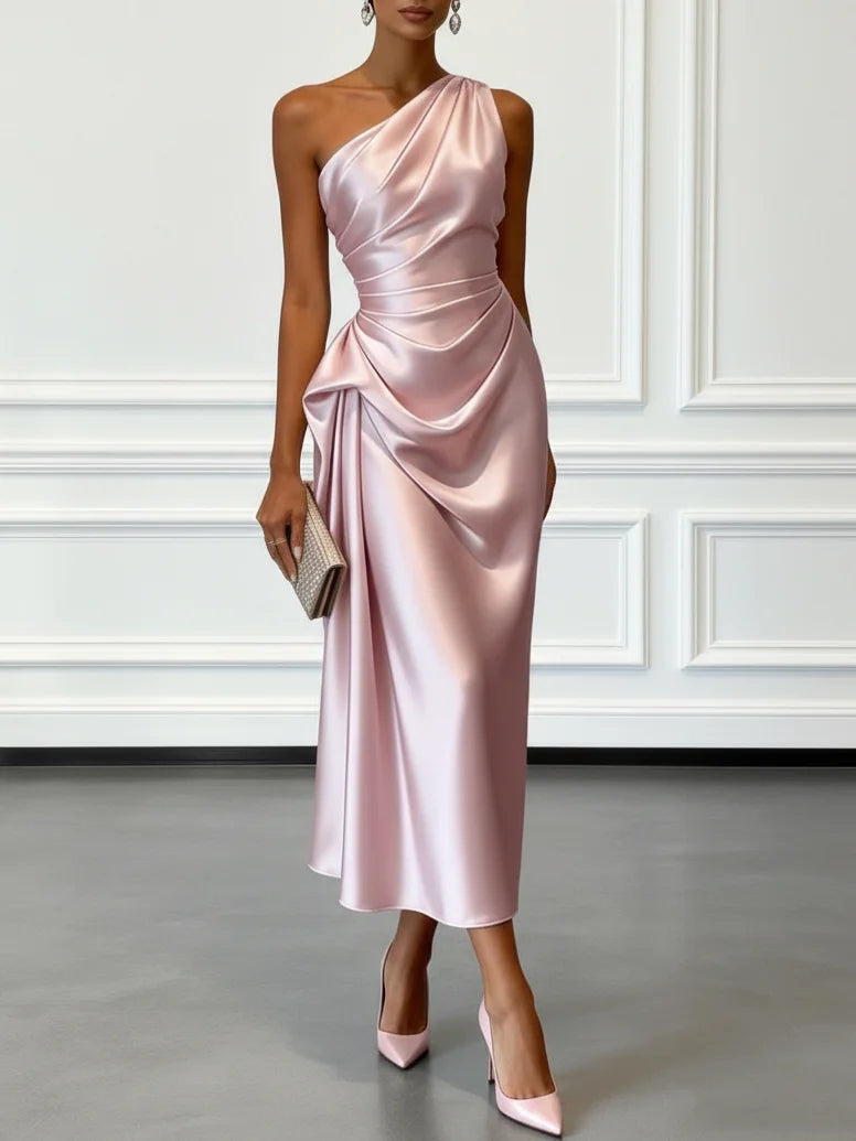 Ruched Satin Sheath Midi Dress with One Shoulder Design