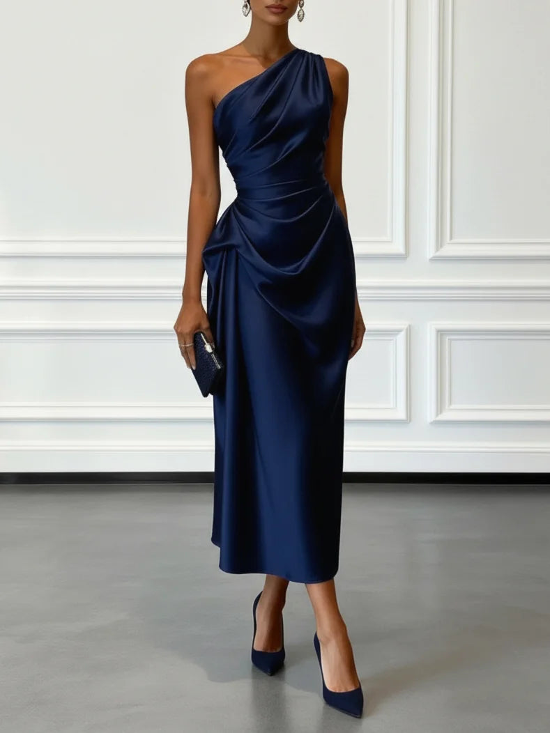 Ruched Satin Sheath Midi Dress with One Shoulder Design