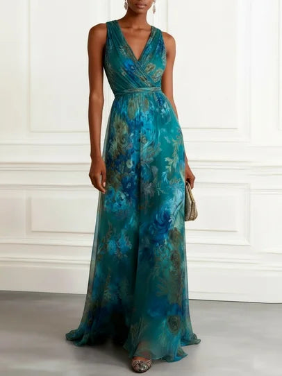 Floral Ruched Chiffon Maxi Dress with V Neck