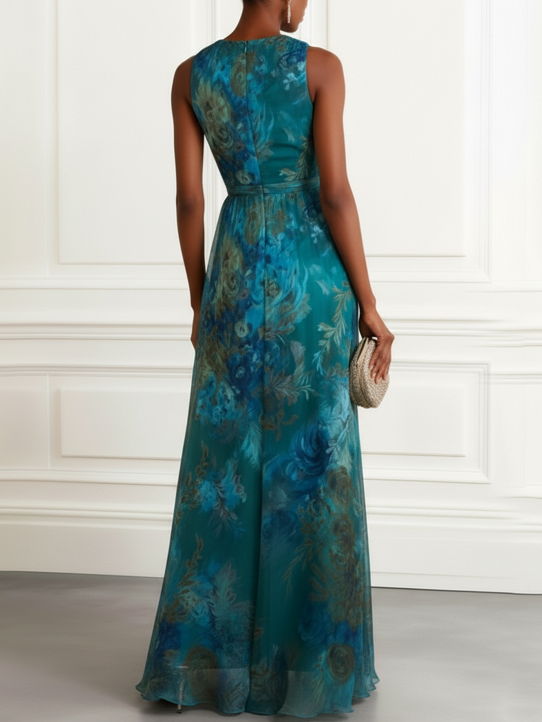 Floral Ruched Chiffon Maxi Dress with V Neck