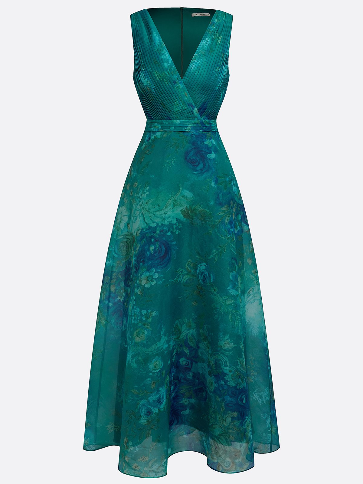 Floral Ruched Chiffon Maxi Dress with V Neck